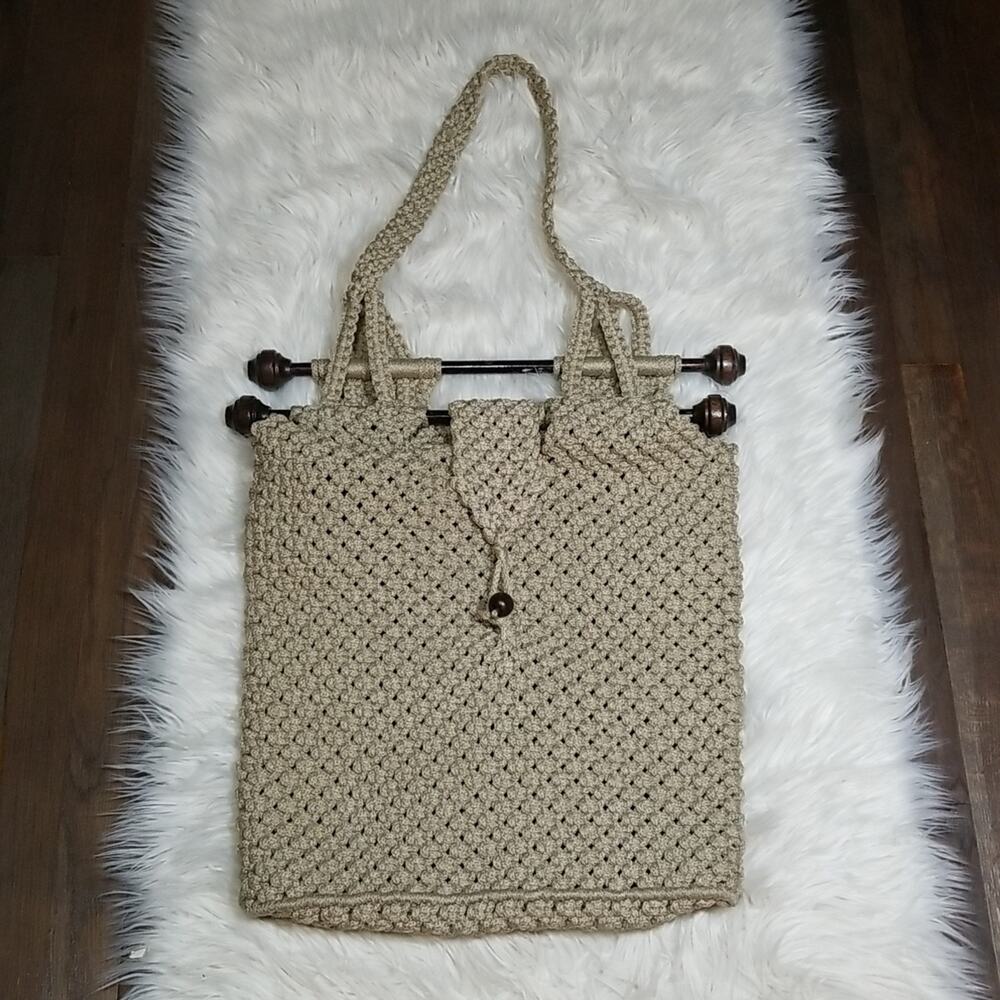Vintage 70s Beige Crochet Large Tote Bag Boho Dowel Handle Hippie Chic